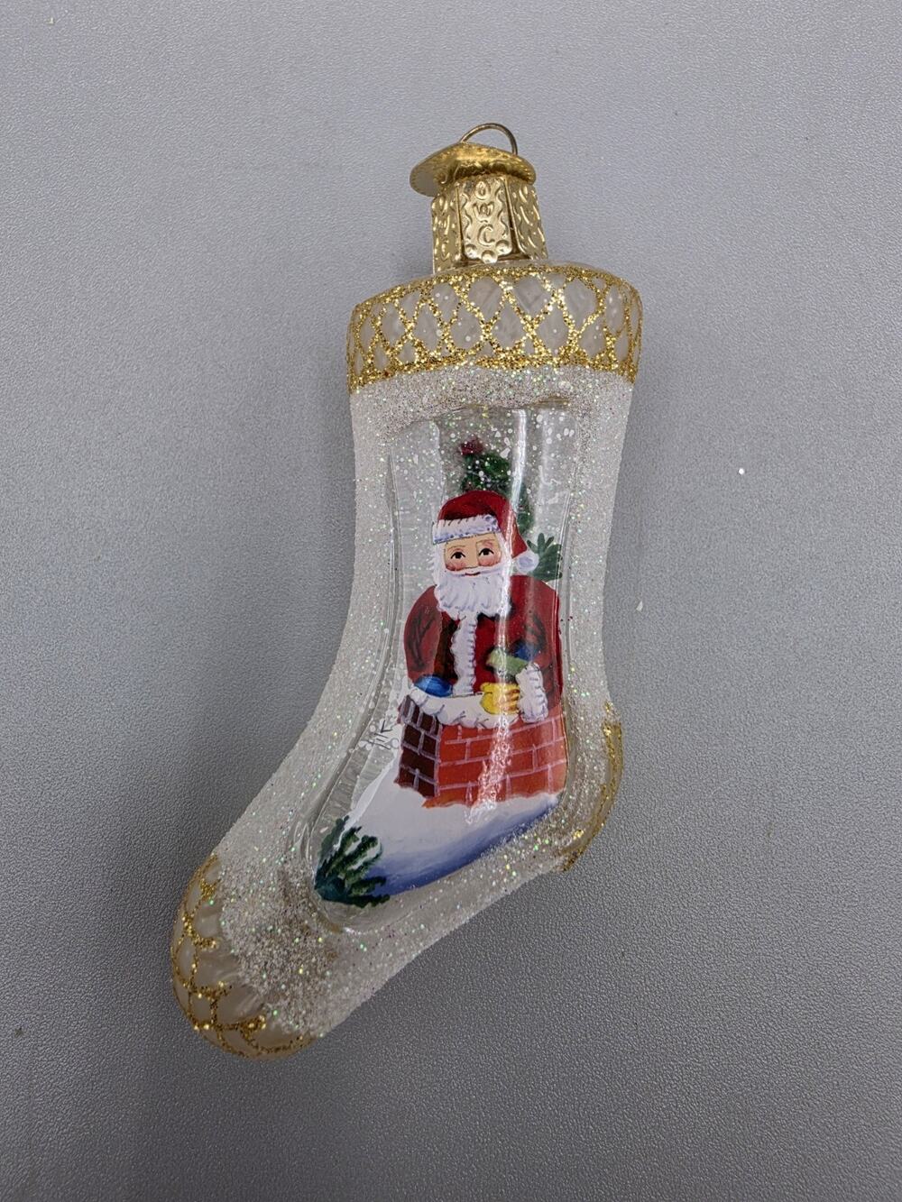 Vtg Old World Christmas Hand Painted Inside Art Stocking Santa Chimney Ornament